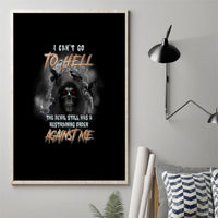 Framed black canvas wall art featuring reaper skull with red eyes and “I Can’t Go To Hell” text.