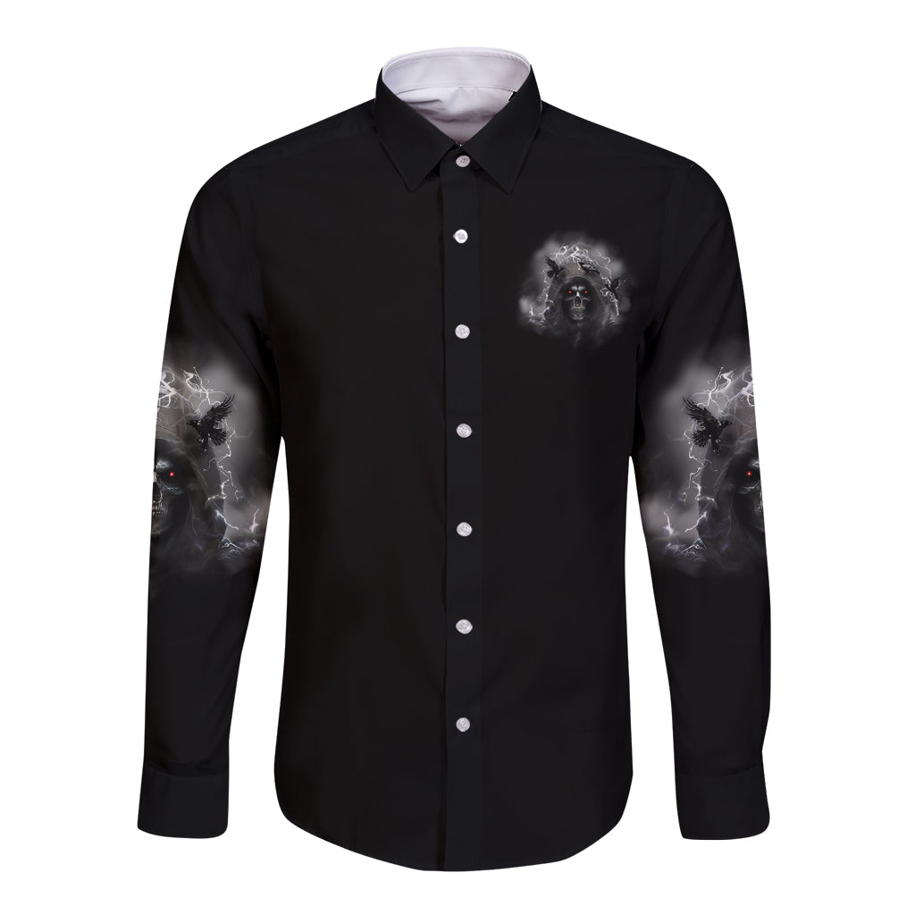 Black long-sleeve button-up shirt with front skull reaper graphic and smoky sleeve designs
