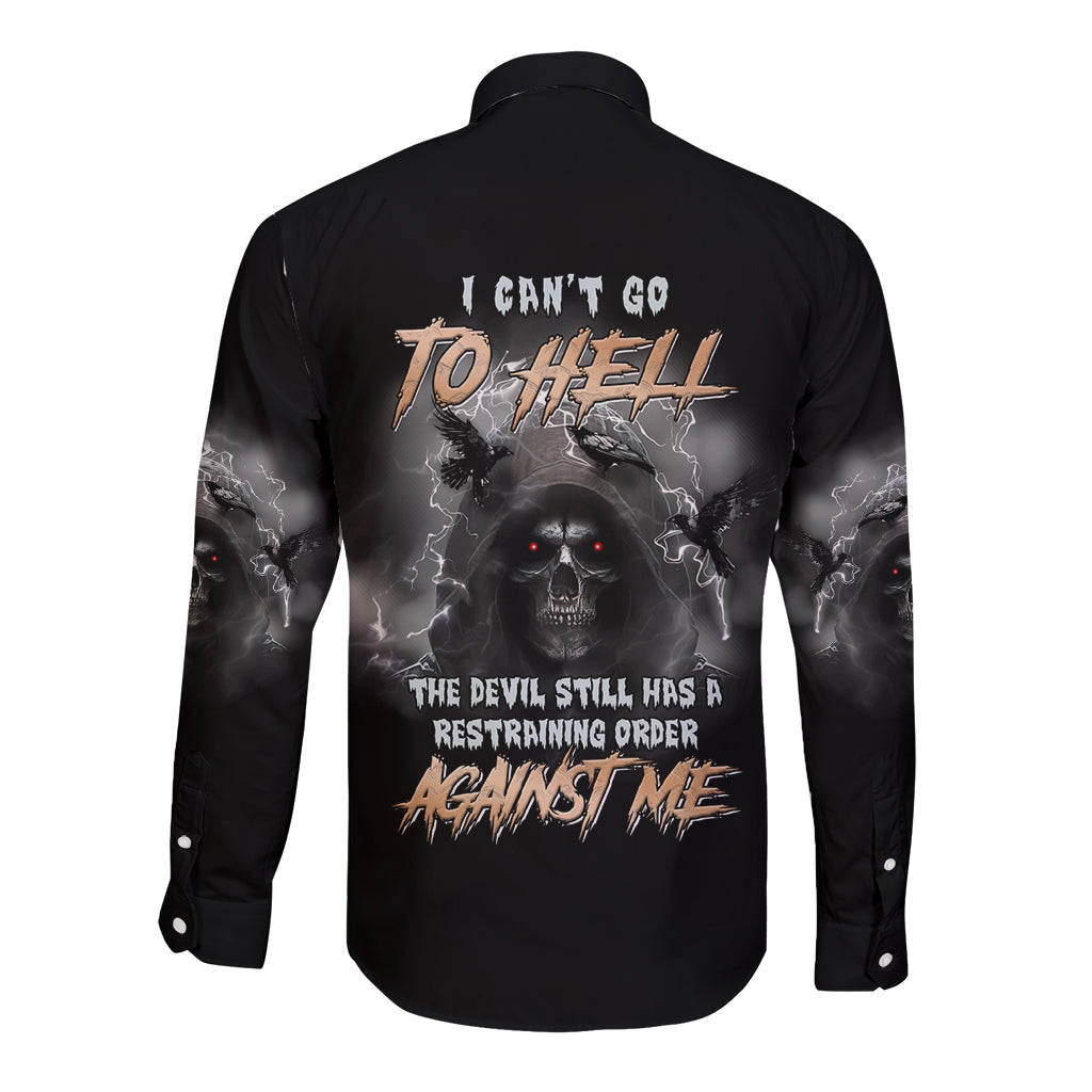 Black long-sleeve button-up shirt with back text, skull graphic, and smoky sleeve print