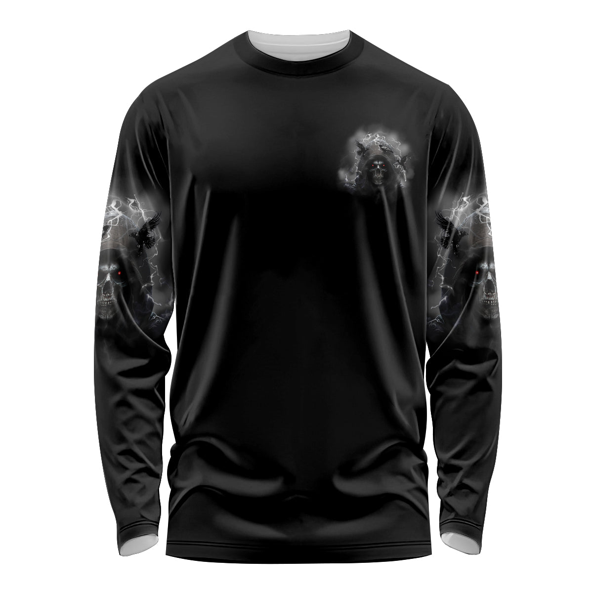 Black long-sleeve shirt with reaper skull front graphic and silver accents