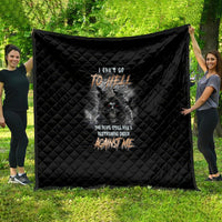 Black quilt with diamond quilting and gray reaper skull graphic with dark lettering