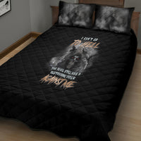 Black quilt bed set with reaper graphic and bold text, quilted diamond pattern; two pillows