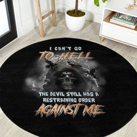 Black round carpet with central skull graphic, bat wings, and hell-themed text