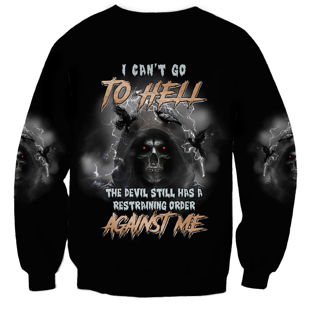 Black crewneck sweatshirt with back text, skull graphic, and smoky bat sleeves