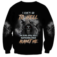 Black crewneck sweatshirt with back text, skull graphic, and smoky bat sleeves