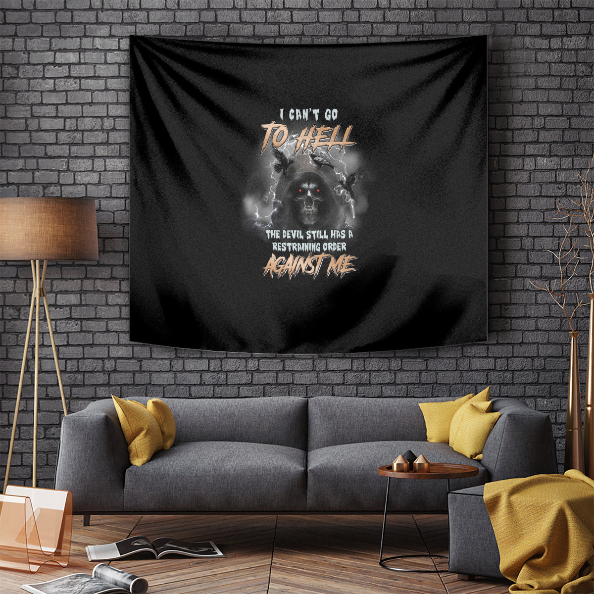 Black hanging reaper bat tapestry featuring a skull, halo smoke, and “Against Me” text