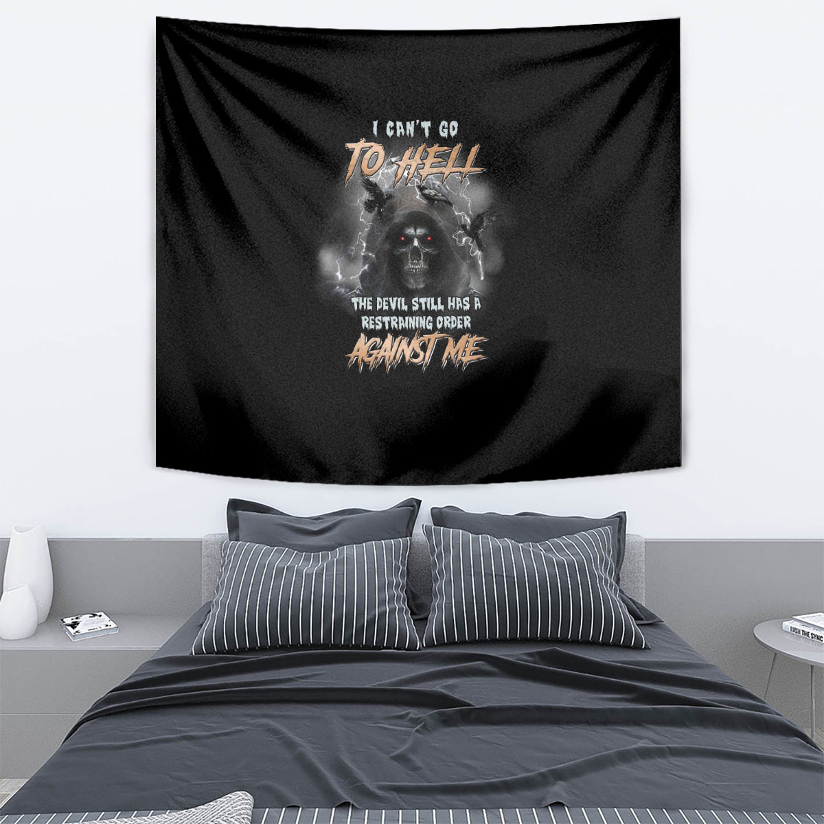 Black reaper bat tapestry with skull graphic and “I Can’t Go To Hell” text