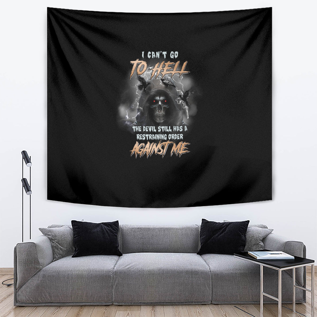 Black reaper bat tapestry with skull artwork, dark smoke wings, and “Against Me”