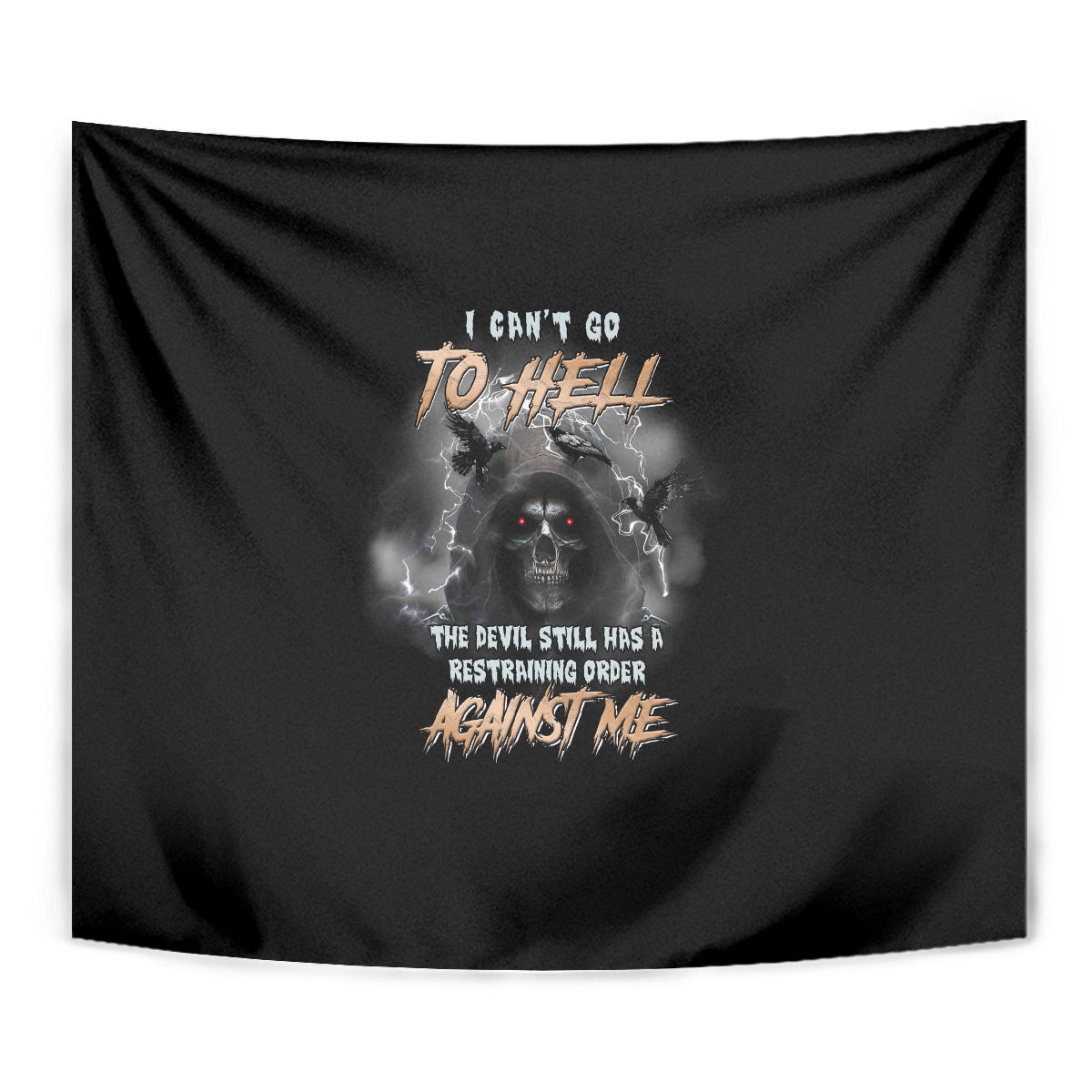 Black reaper bat tapestry close-up with skull face and “I Can’t Go To Hell” lettering