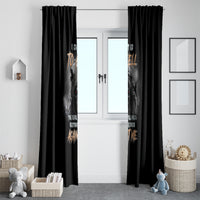 Pair of black bat-themed window curtains with reaper skull graphic and orange text