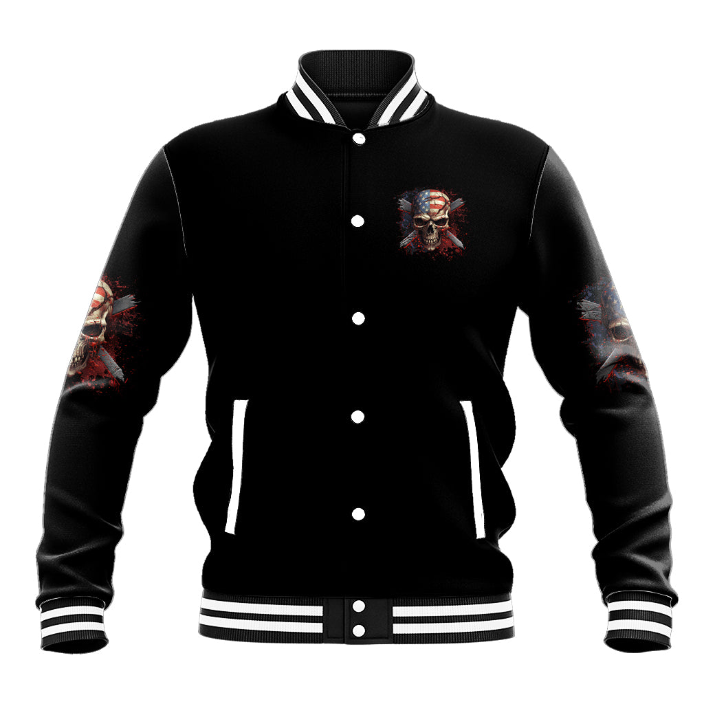 Black unisex baseball varsity jacket with button front, striped rib collar, front skull graphic
