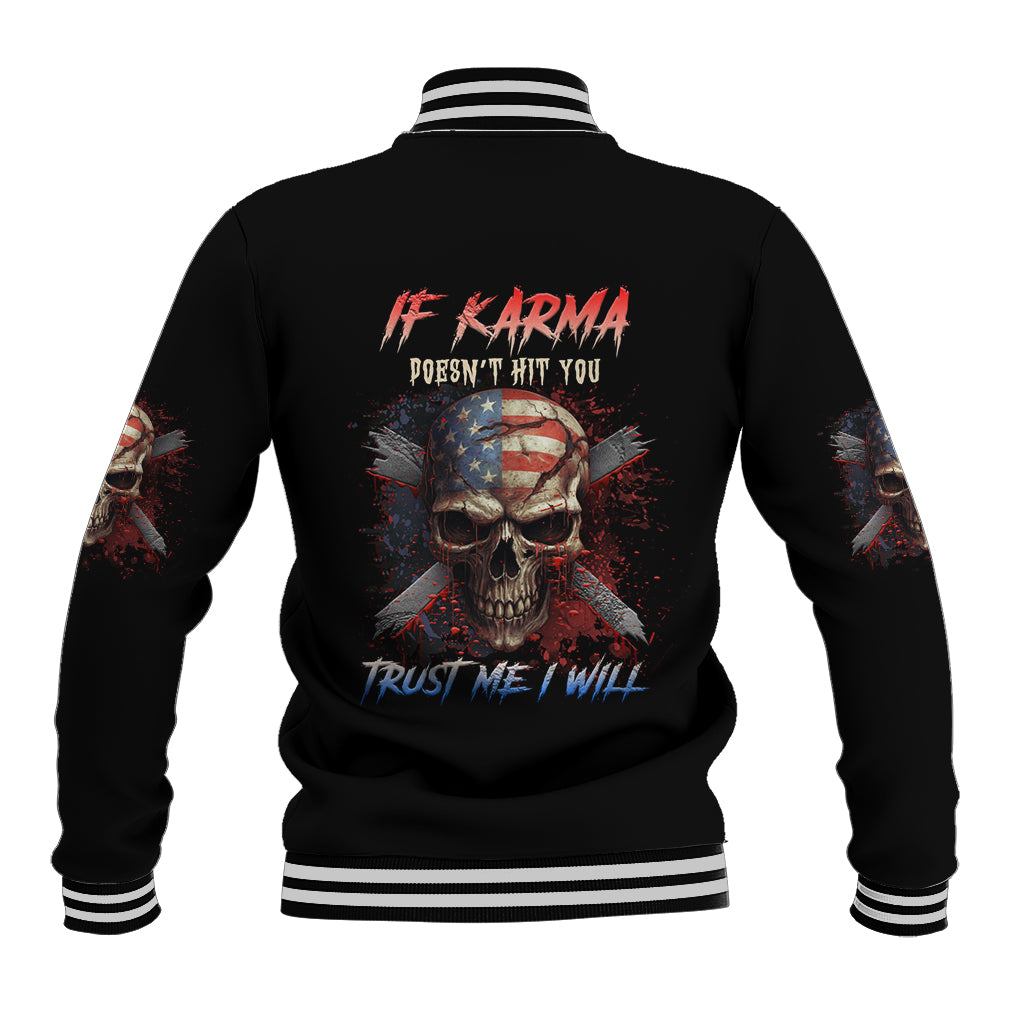 Black unisex baseball jacket with striped rib hem and collar, back skull graphic with text