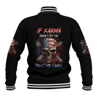 Black unisex baseball jacket with striped rib hem and collar, back skull graphic with text