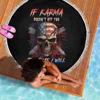 Round black beach blanket with skull graphic, multicolor design, and white fringe edge