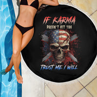Round black beach blanket with skull artwork, multicolor lettering, and white tassel fringe