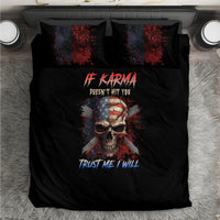 Black duvet cover bedding set featuring skull wearing American flag, red and blue text