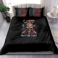 Black bedding set with skull graphic and red text, includes matching pillowcases