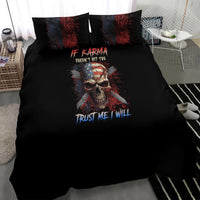 Black bedding set with central skull illustration and 'Trust me I will' blue text