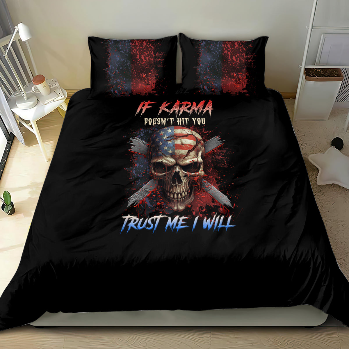 Black bedding set with skull graphic, red lettering above and blue 'Trust me I will' below