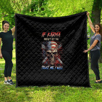 Black quilt blanket with diamond quilting and skull graphic with red and blue text