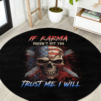 Round black rug with patriotic skull design, “Poesn’t Hit You” and “Trust Me”