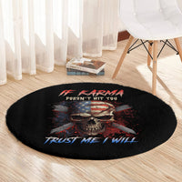 Round black area rug with patriotic skull center graphic and blue “Trust Me” text