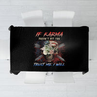 Black printed tablecloth with skull graphic and bold center text