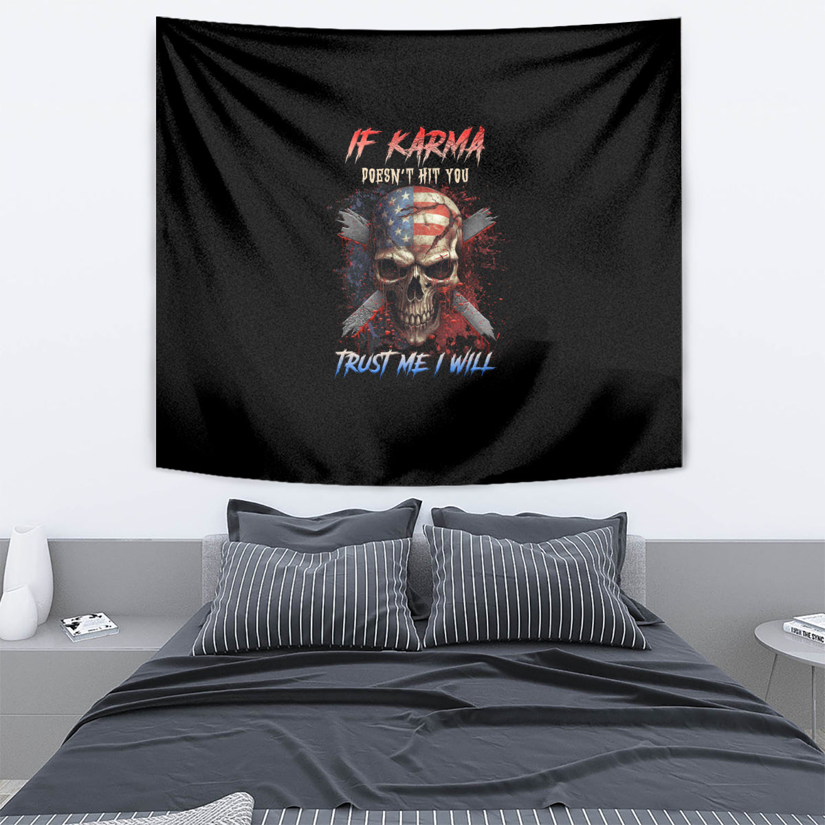 Black skull graphic tapestry wall hanging with red and blue lettering, rectangular