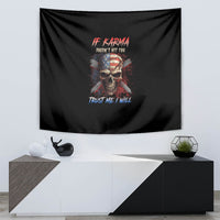 Black skull graphic tapestry wall hanging featuring red and blue text, rectangular