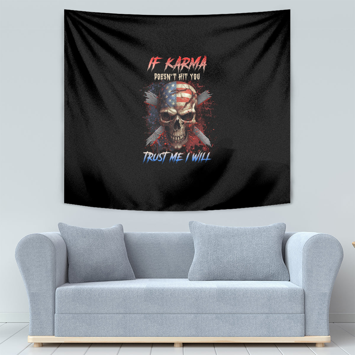 Black skull and American flag graphic tapestry wall hanging with red and blue text