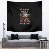 Black skull tapestry wall hanging with red and blue lettering, rectangular