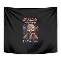 Black skull graphic tapestry wall hanging with red top text and blue bottom text