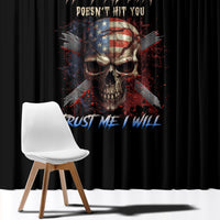 Black window curtain panels with colorful skull and red/blue lettering, front view