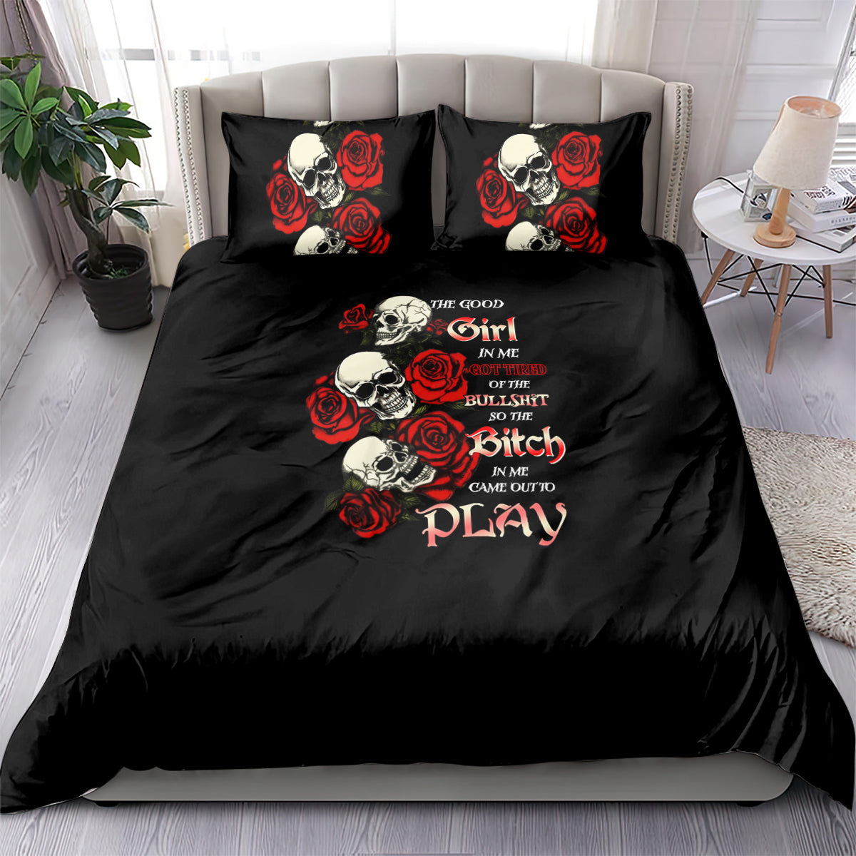 Black vintage bedding set with skull and red rose graphic on duvet and matching pillowcases