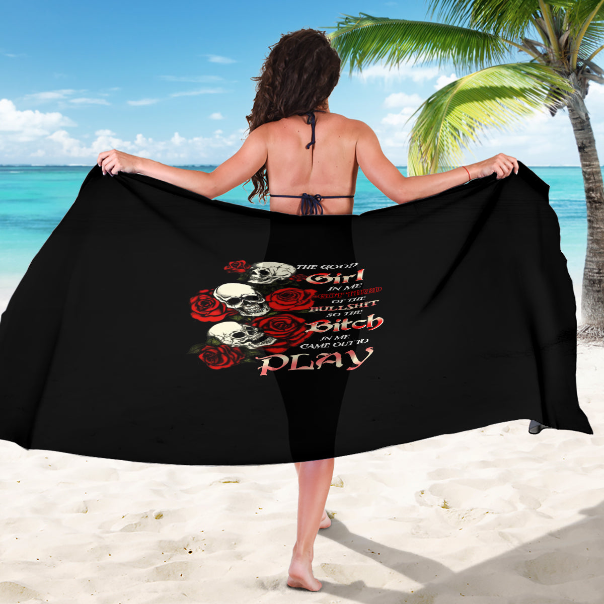 Black vintage sarong with red roses and skull graphic, wide drape