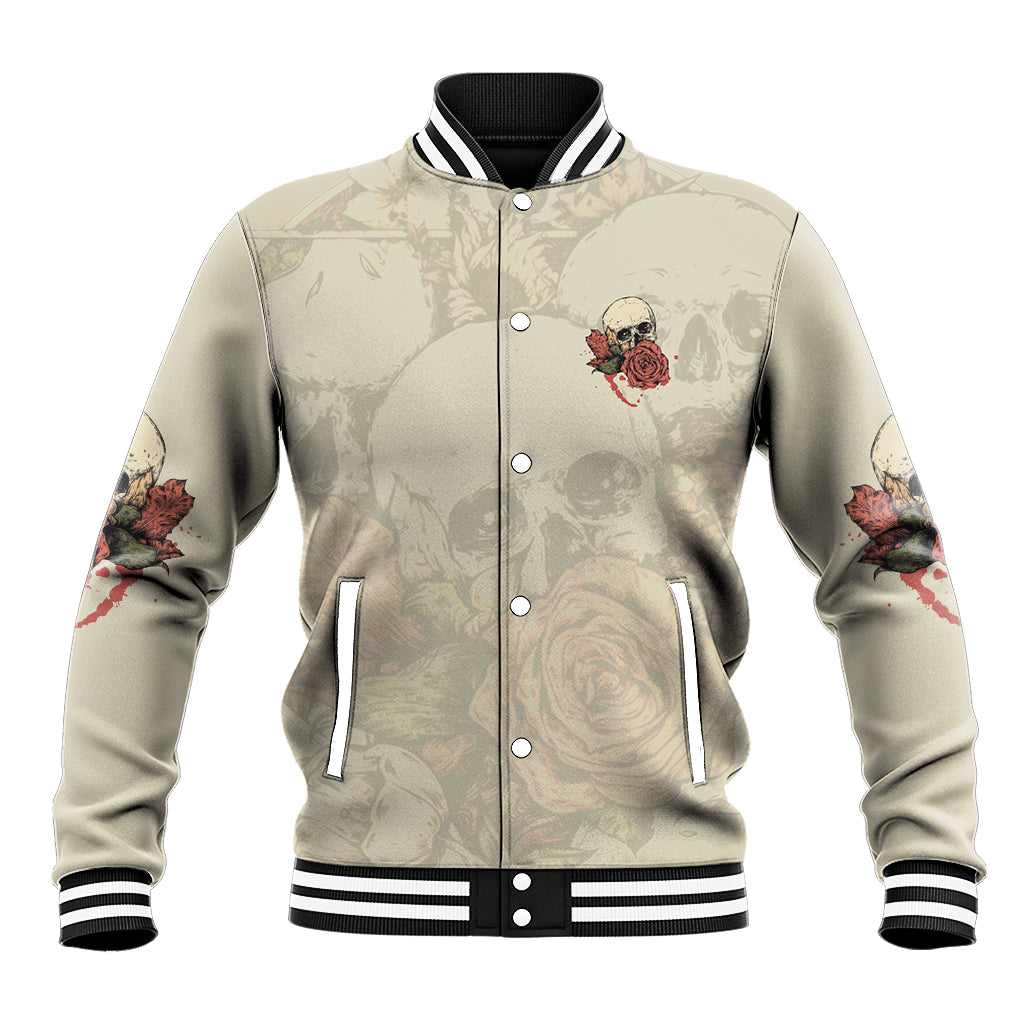 Beige skull and rose baseball jacket with black button front and striped ribbed collar