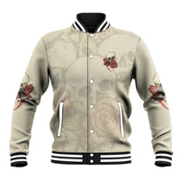 Beige skull and rose baseball jacket with black button front and striped ribbed collar