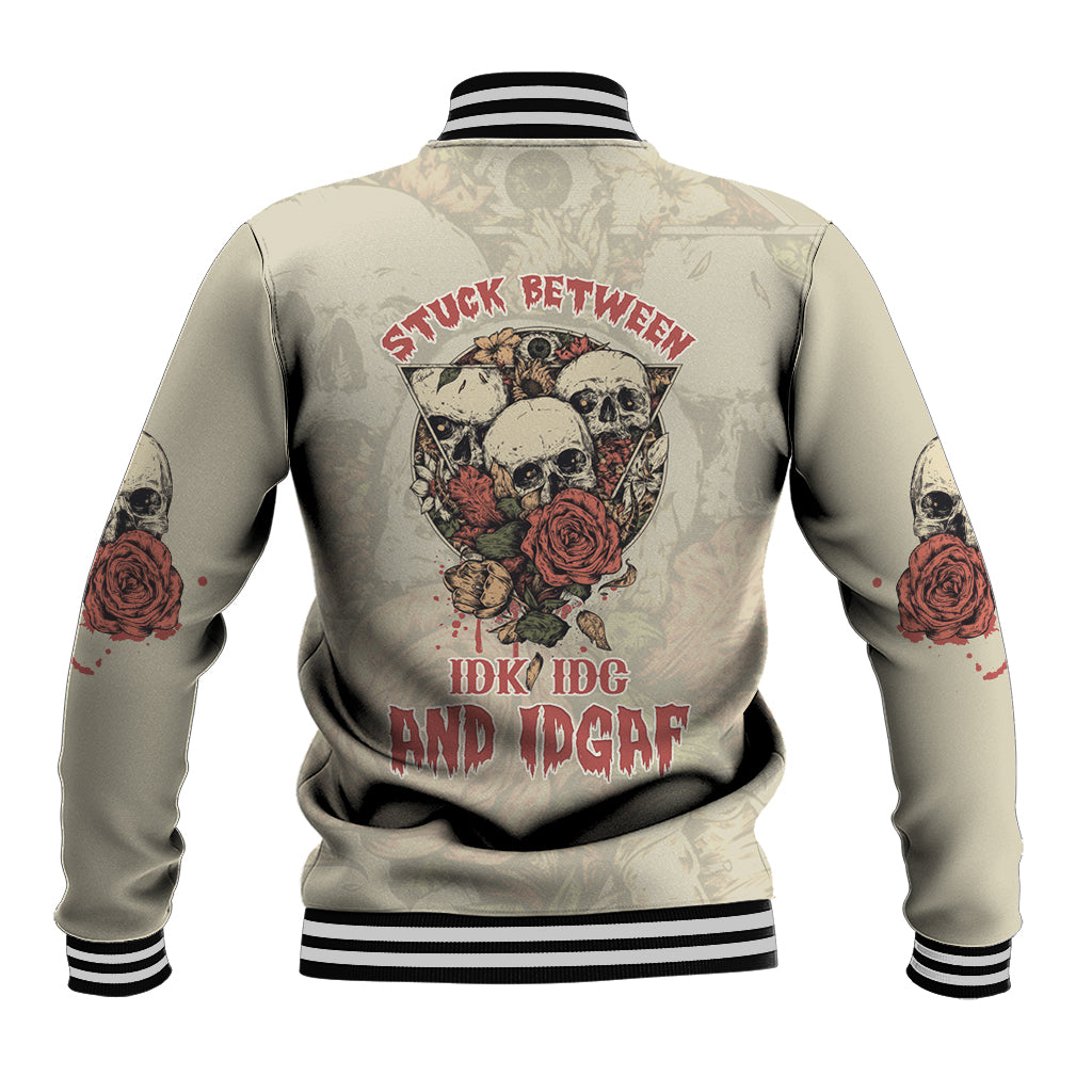 Beige back graphic baseball jacket with skull roses, red lettering, and striped ribbed hem