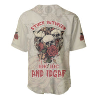 Light beige baseball jersey with large back skull-and-rose graphic and red text