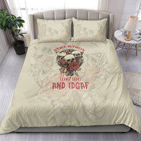 Cream skull bedding set with rose graphic and 'IDK IDGAF' text on duvet and pillows