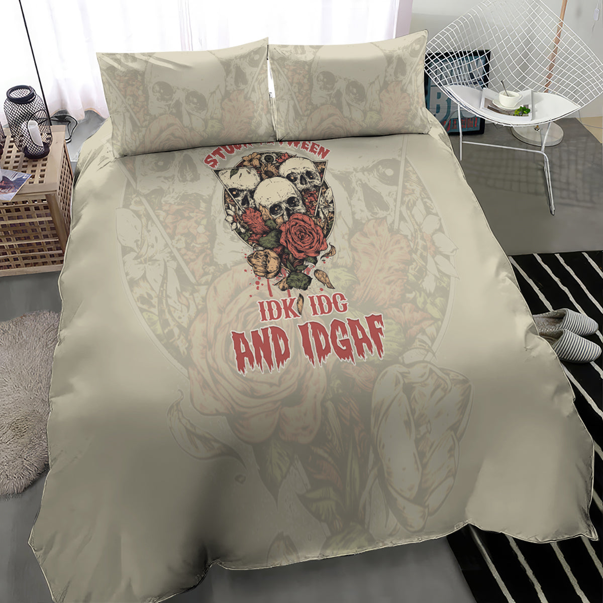 Cream skull bedding set with rose skull artwork and 'IDK IDGAF' on duvet, two pillows