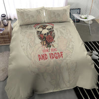 Cream skull bedding set with rose skull artwork and 'IDK IDGAF' on duvet, two pillows