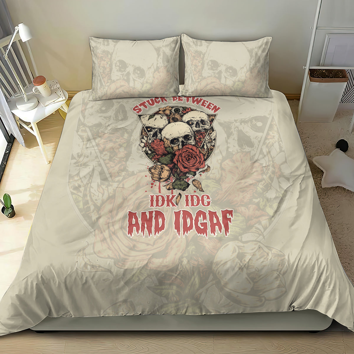 Cream skull bedding set with skull-and-rose design and 'IDK IDGAF' text on duvet