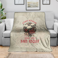 Beige skull graphic blanket with roses and red slogan design