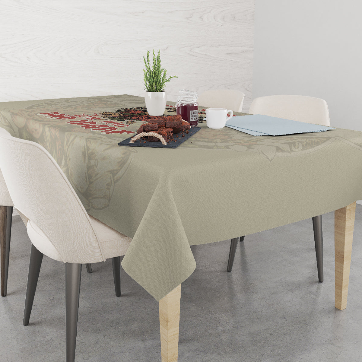 Round tablecloth in light beige with a centered multicolor skull design