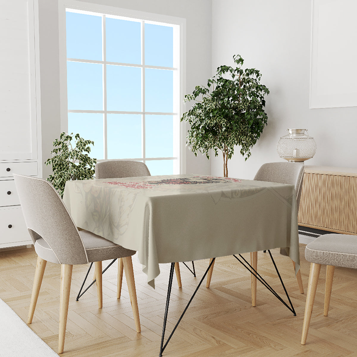 Rectangular tablecloth in light beige with a centered multicolor skull and quote print