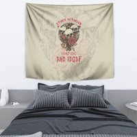 Beige skull and rose wall tapestry with multicolor graphic and bold red lettering