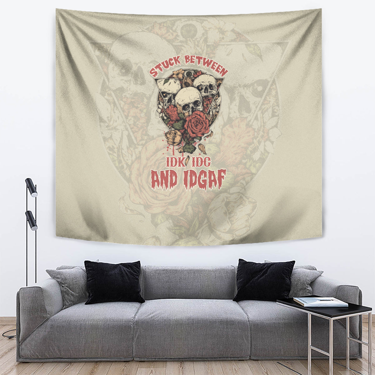 Beige wall tapestry with multicolor skull artwork and a red rose