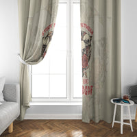 Beige window curtain panel with skull-and-rose print and red text on the side