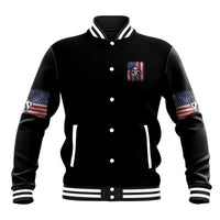 Black unisex baseball jacket with striped collar, button front, skull logo and flag sleeves